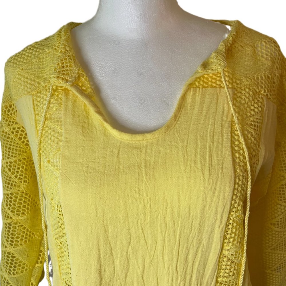 Yellow Lightweight 3/4 Sleeve Shirt with Lace Details & Tassels  Size Medium - Picture 6 of 10